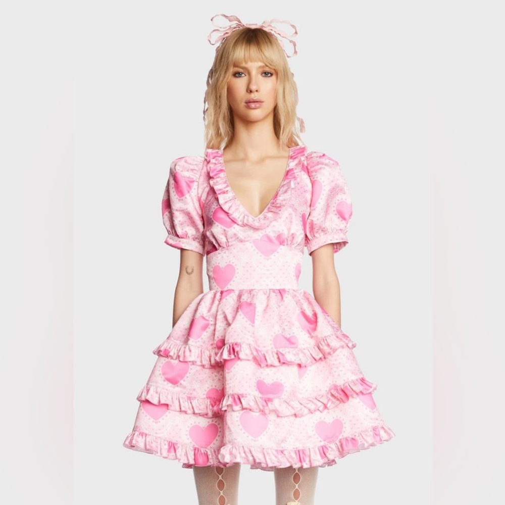 Sugar Thrillz Heart Bow Print Ruffle Babydoll Dress